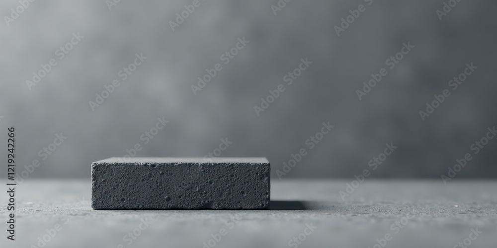 Poster A solitary, rough-textured, dark gray block rests on a matching surface, providing a minimalist display platform against a blurred backdrop.