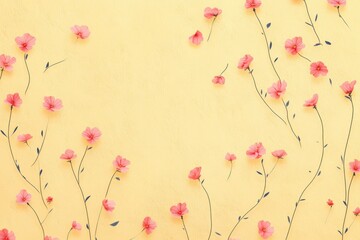 Delicate pink flowers arranged on a vibrant yellow background, creating a cheerful and fresh spring atmosphere for design and decoration use