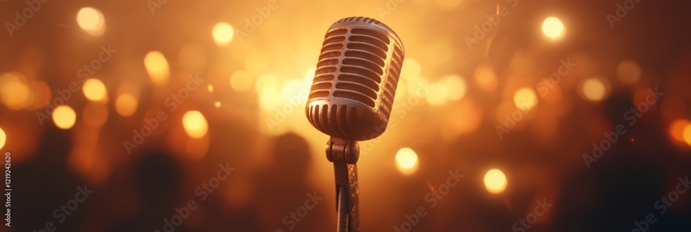 Fototapete vintage microphone stands on a stage, ready for a performance, with the warm glow of stage lights an