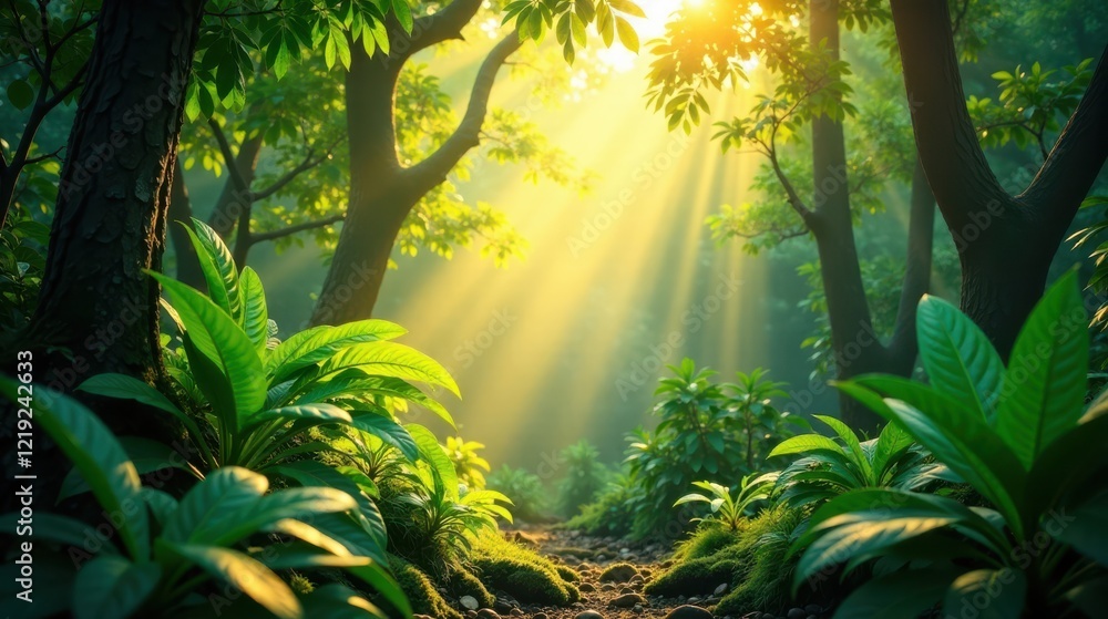 Poster sunlit forest path a mystical journey through lush greenery and golden rays