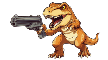 Cartoon dinosaur holding a gun, featuring a fierce expression and vibrant colors, ideal for dynamic illustrations in games, comics, and creative projects.