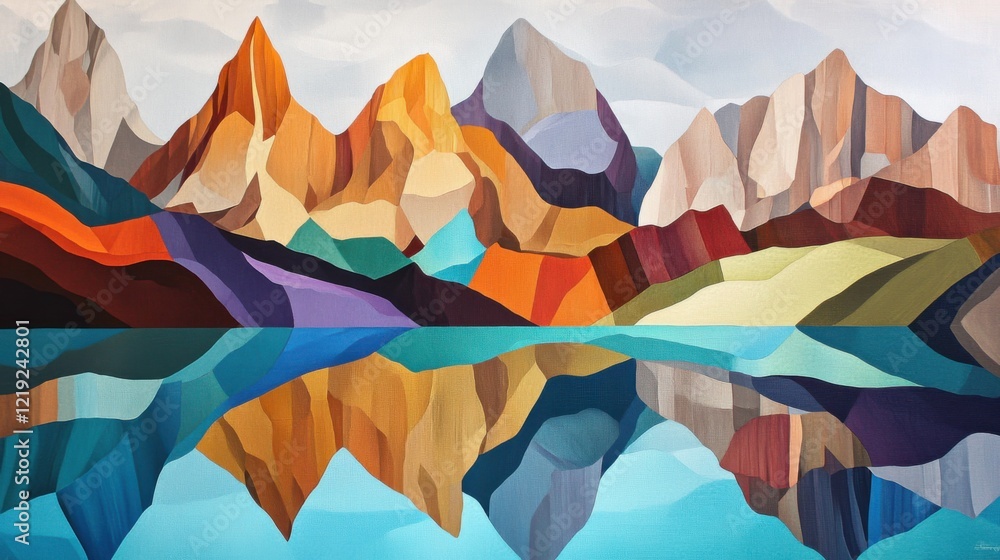Poster Abstract Landscape with Colorful Mountains and Calm Reflections in a Serene Lake Setting, Ideal for Artistic and Nature Themes in Visual Projects