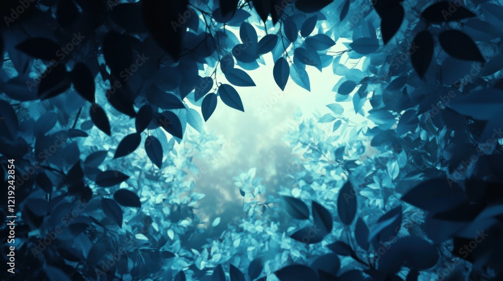 Poster serene blue leaf canopy with soft light filtering through, creating a peaceful and tranquil atmosphe