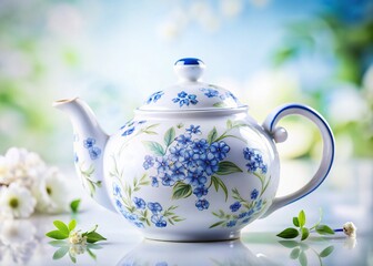 Elegant White and Blue Floral Teapot, Ceramic Tea Kettle, Springtime Tea Party
