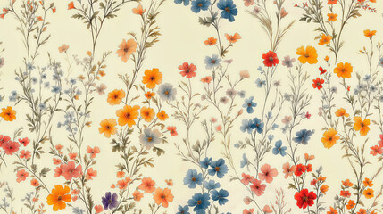 Seamless wallpaper with small yellow, red and blue flowers.