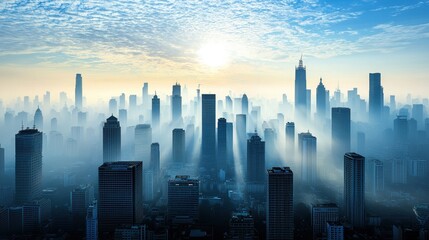 Fototapeta premium Silhouetted city skyline with mist and sunlight breaking through clouds. PM2.5 concept