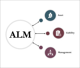 ALM - Asset Liability Management acronym. Infographic template with icons and description placeholder