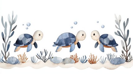 Fototapeta premium Playful Sea Turtles Swimming Among Coral Reef with Soothing Blue Background and Sea Plants