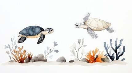 Colorful Sea Turtles Swimming Among Coral and Marine Plants in Gentle Ocean Environment