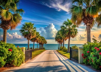 Fototapeta premium Gulf Coast Road Gate: Scenic Drive to Mexico Gulf with Palm Trees & Sea Grapes