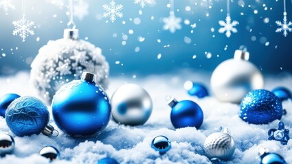 Christmas ornaments, blue and silver baubles, snow, winter scene, soft focus, bokeh lights, festive atmosphere, holiday decorations, cold color palette, glitter, shiny surfaces, macro photography, sha
