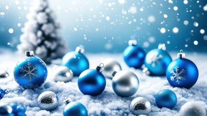 Christmas ornaments, blue and silver baubles, snow, winter scene, soft focus, bokeh lights, festive atmosphere, holiday decorations, cold color palette, glitter, shiny surfaces, macro photography, sha