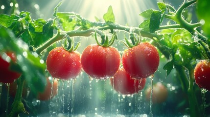 Fresh vine-ripened tomatoes with water droplets in sunlit garden for culinary inspiration