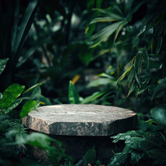 Obraz premium A stone platform in the middle of lush green foliage, with a blurred background. Close-up product photography showcasing nature