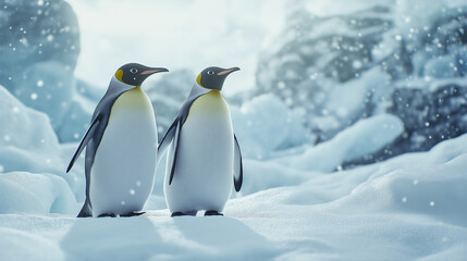 A pair of penguins standing  at ice location.