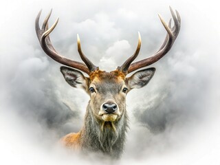 Naklejka premium Majestic Deer Antlers, Misty Fog, White Background - Stock Photo