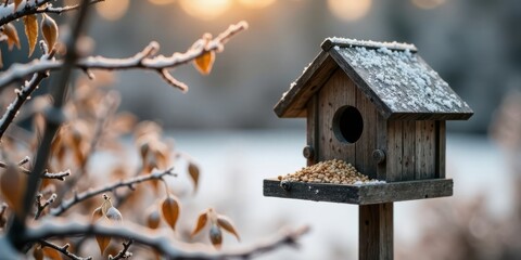 Winter's Gentle Embrace A Snow-Dusted Birdhouse Offering Nourishment in a Frosty Landscape