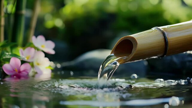 Serene Bamboo Water Feature: A tranquil scene of a bamboo spout pouring clear water into a serene pond. The gentle flow of the water and surrounding foliage create a sense of peace and tranquility. ,4