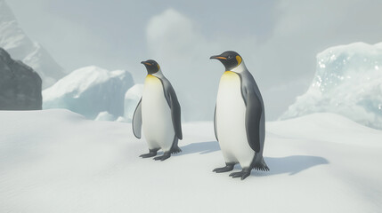 Fototapeta premium A pair of penguins standing at ice location.