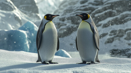 Obraz premium A pair of penguins standing at ice location.