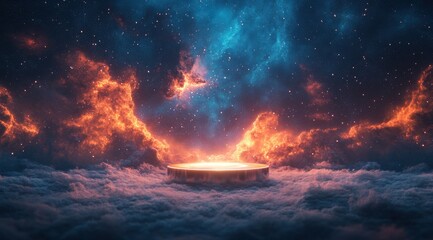 Celestial Stage: A circular platform glows with ethereal light, suspended above a sea of clouds, beneath a swirling canvas of cosmic fire and celestial nebulae.