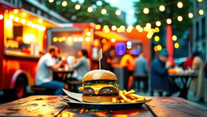 Burger and fries on wooden table, food truck festival background, bokeh string lights, vibrant nighttime atmosphere, street food scene, urban dining, colorful blurred people, shallow depth of field, w