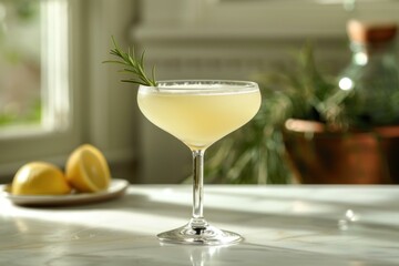 Sophisticated lemon cocktail sits in a coupe glass, garnished with a sprig of rosemary, embodying a refreshing and stylish drinking experience