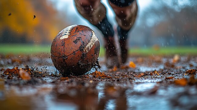 Close-up of muddy football being kicked on rainy field.