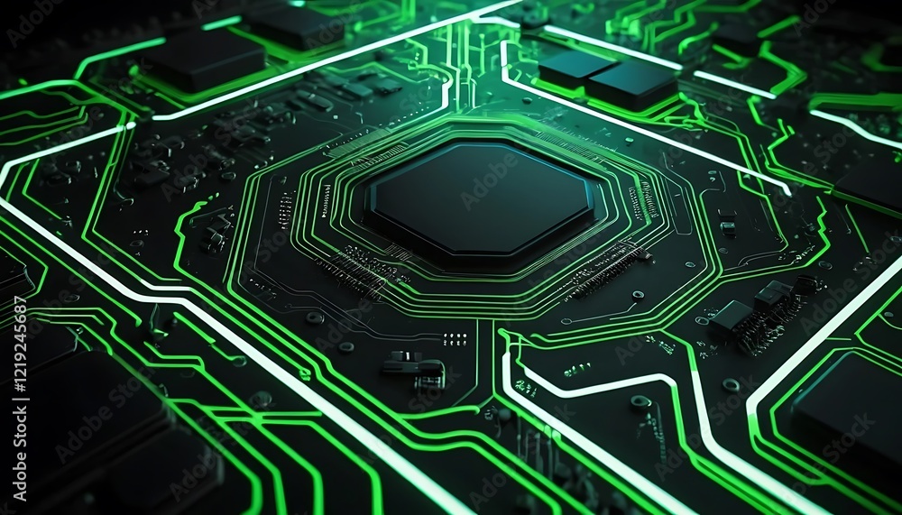 Poster green illuminated circuit board with central processor