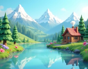 Fototapeta premium Charming Alpine Cabin: Stylized Mountain Lake Scene