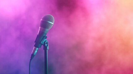 Obraz premium Professional microphone on stand is ready for a singer or comedian performing on stage with a colorful smoke effect illuminating the background, creating a vibrant and exciting atmosphere
