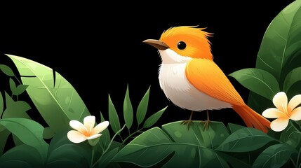Colorful Orange Bird Sitting on Green Leaves Surrounded by Tropical Flowers in Dark Background