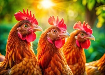 Fototapeta premium Red Feather Hens Sunbathing Easter Morning Macro Photography