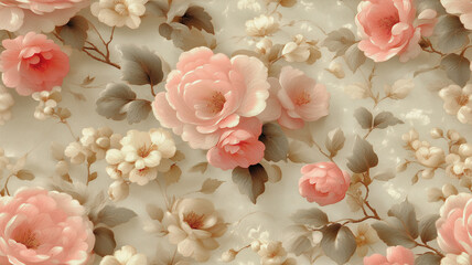 Obraz premium Seamless wallpaper with pale pink wild roses by Victorian style.