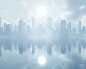 Fototapeta premium Misty city skyline reflected in calm water at sunrise.