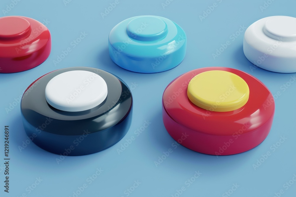 Poster five colorful push buttons are displayed on a smooth, light blue surface, creating a vibrant and pla