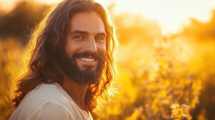A radiant and joyful portrait of Jesus Christ, smiling warmly amidst lush greenery, evoking peace, hope, and divine presence.