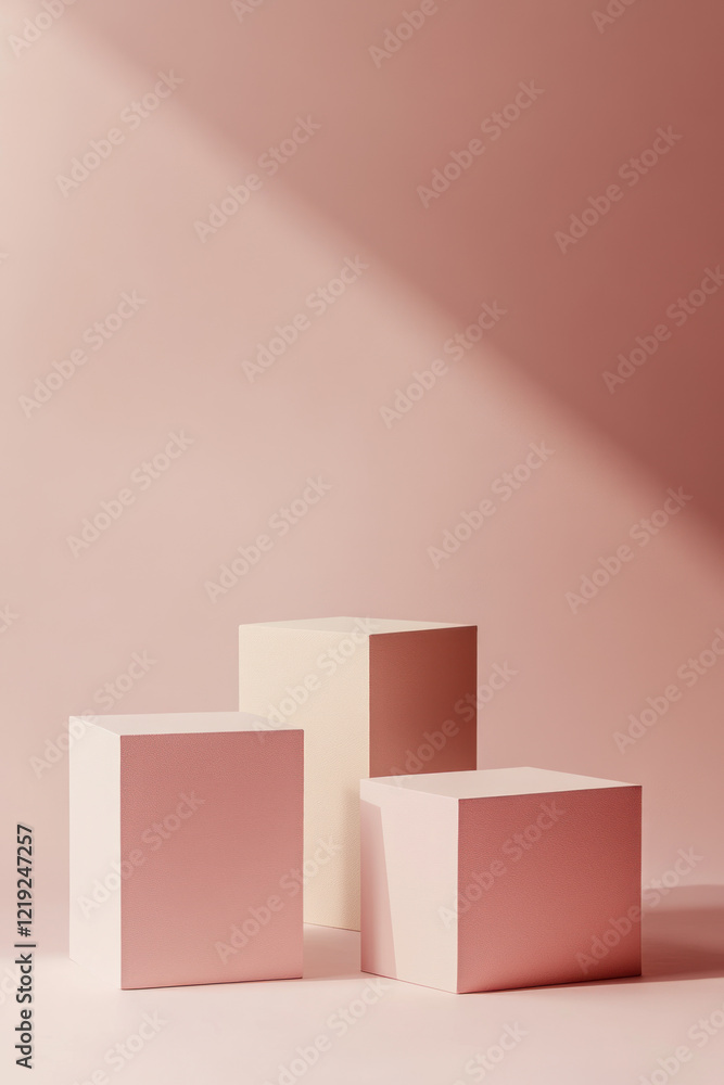 Poster a minimalistic and clean background with three simple, square pedestals in shades of blush pink, arr