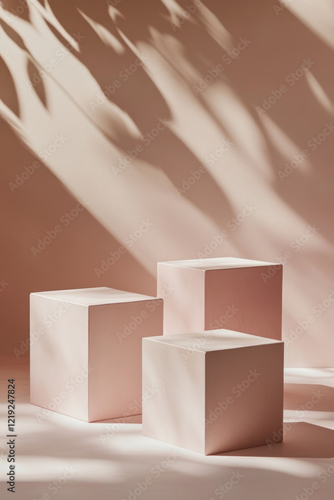 Poster a minimalistic and clean background with three simple, square pedestals in shades of blush pink, arr