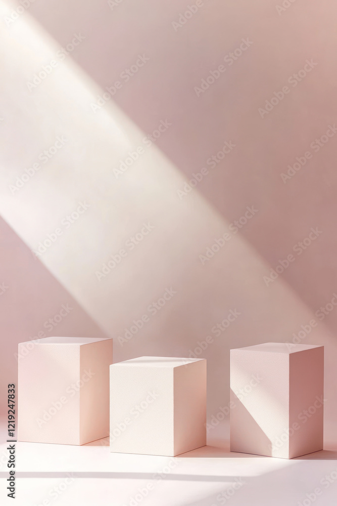 Poster a minimalistic and clean background with three simple, square pedestals in shades of blush pink, arr
