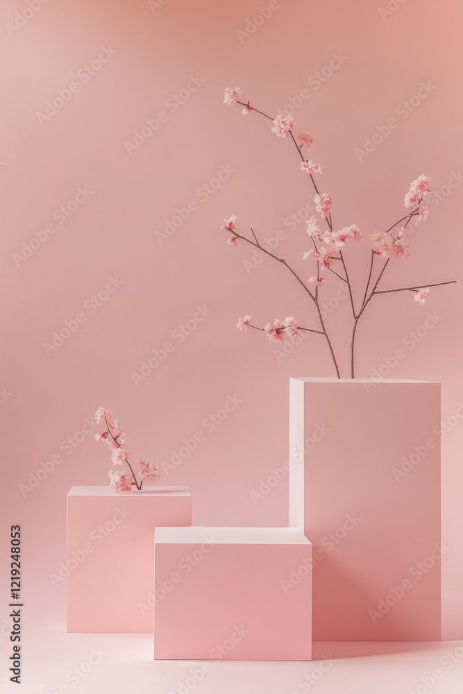 Poster a minimalistic and clean background with three simple, square pedestals in shades of blush pink, arr