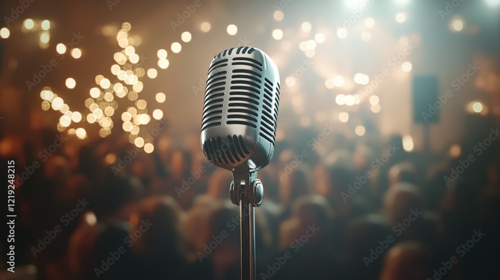 Poster vintage microphone stands center stage, ready for a performance, with a blurred crowd and bokeh ligh