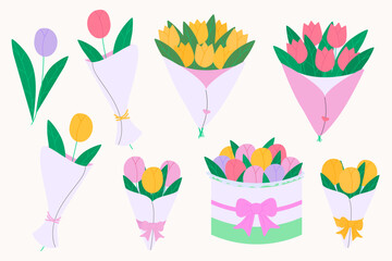 Set with various tulips in wrapping paper. Bouquets for Women`s day and Mother`s day. Modern isolated vector illustration.