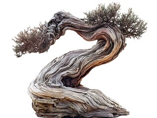 Twisted Juniper Tree: A gnarled juniper tree, its branches contorted into a mesmerizing, S-shaped form, stands against a clean backdrop, showcasing the resilience and beauty of nature.