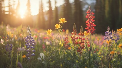 Obraz premium The warm sunlight filters through the trees, illuminating the colorful blooms of spring flowers and wildflowers, painting the forest with rich hues and tranquility.