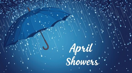 An umbrella opens wide beneath falling rain, with April Showers scripted above in a cheerful, flowing font.

