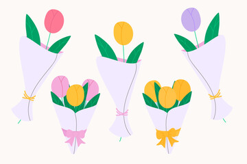 Set with various tulips in wrapping paper. Bouquets for Women`s day and Mother`s day. Modern isolated vector illustration.