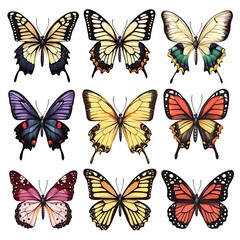 Nine Colorful Butterflies: A vibrant collection of nine unique butterfly species, showcasing a kaleidoscope of colors and patterns, perfect for design projects or educational materials.