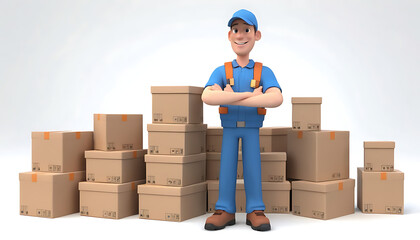 Friendly Delivery Man with Cardboard Boxes