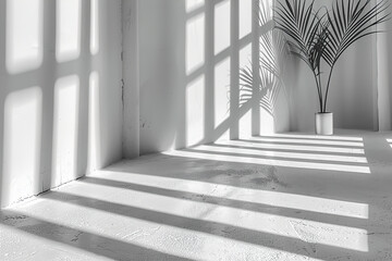 Obraz premium Geometric shadows cast on a white wall, sharp contrasts with clean lines, creating depth